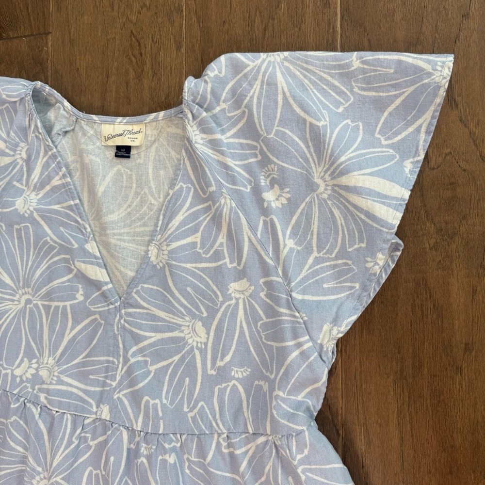 Flirty Floral Blue and White Linen-Blend Mini Dress with Ruffles - Picture 4 of 10